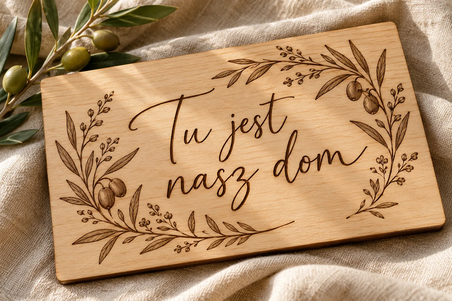Koncepcja drewnianej tabliczki z botanicznym grawerem „Tu jest nasz dom”, na naturalnym lnie