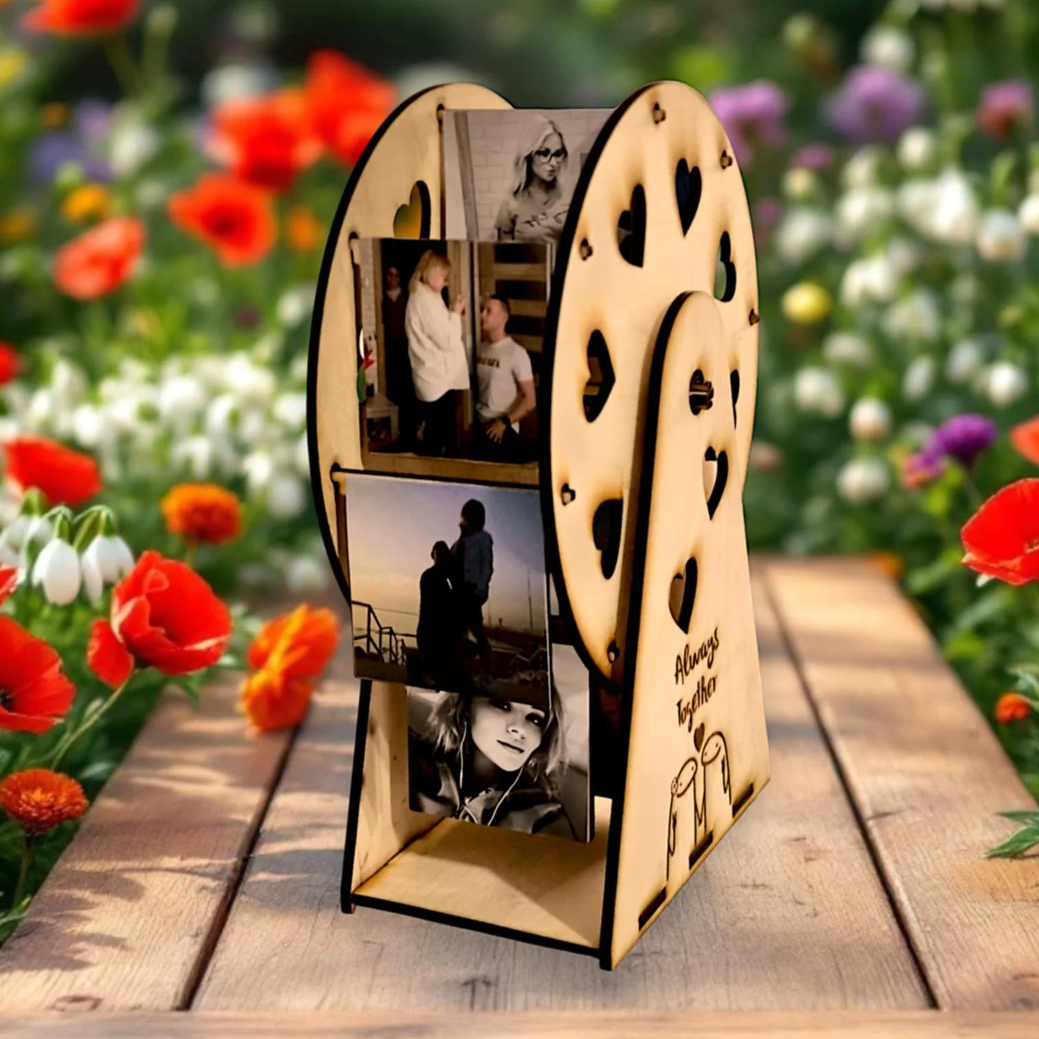 Drewniana obrotowa ramka PhotoWheel z przykładowymi zdjęciami — zdjęcia nie są dołączone