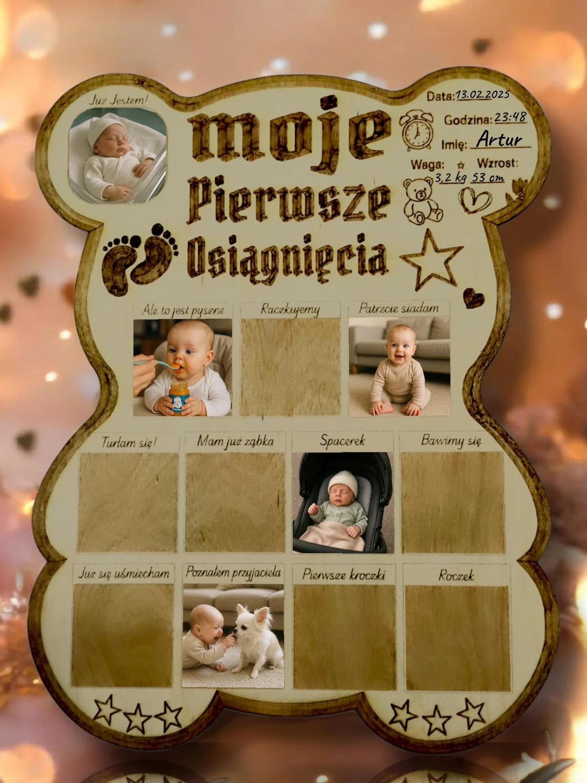 Przykładowa aranżacja tablicy Miś ze zdjęciami dziecka i wypełnioną metryczką